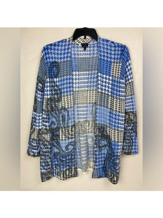 Talbots Sweaters - Talbots Merino Wool Blue Paisley Houndstooth Open Cardigan Women's 1X black whit